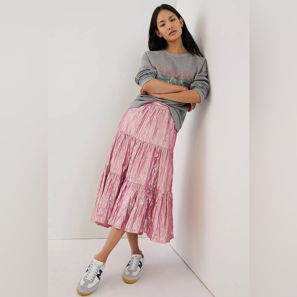 NEW//Anthropologie Maeve Alicia Crinkled Metallic Maxi Skirt